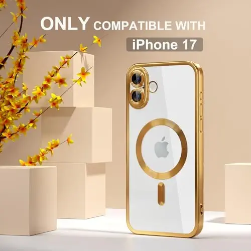 Misea Magnetic for iPhone 17 Case Compatible with MagSafe Gold | [Never Yellowing] [Military Drop Protection] Full Camera Lens Protector Plating Soft Clear Phone Case for Women, Gold - 2