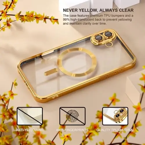 Misea Magnetic for iPhone 17 Case Compatible with MagSafe Gold | [Never Yellowing] [Military Drop Protection] Full Camera Lens Protector Plating Soft Clear Phone Case for Women, Gold - 3