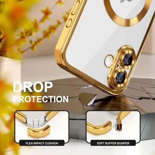 Misea Magnetic for iPhone 17 Case Compatible with MagSafe Gold | [Never Yellowing] [Military Drop Protection] Full Camera Lens Protector Plating Soft Clear Phone Case for Women, Gold - 4