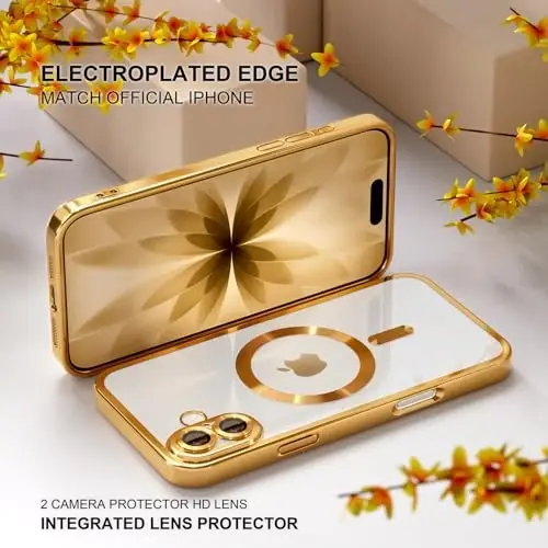 Misea Magnetic for iPhone 17 Case Compatible with MagSafe Gold | [Never Yellowing] [Military Drop Protection] Full Camera Lens Protector Plating Soft Clear Phone Case for Women, Gold - 6