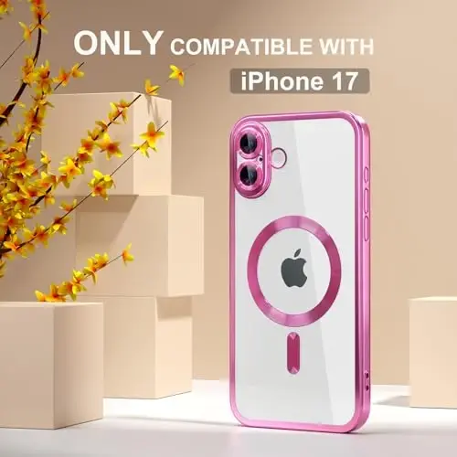 Misea Magnetic for iPhone 17 Case Compatible with MagSafe Hot Pink | [Never Yellowing] [Military Drop Protection] Full Camera Lens Protector Plating Soft Clear Phone Case for Women, Hot Pink - 2