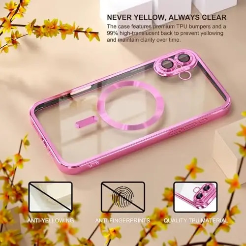 Misea Magnetic for iPhone 17 Case Compatible with MagSafe Hot Pink | [Never Yellowing] [Military Drop Protection] Full Camera Lens Protector Plating Soft Clear Phone Case for Women, Hot Pink - 3