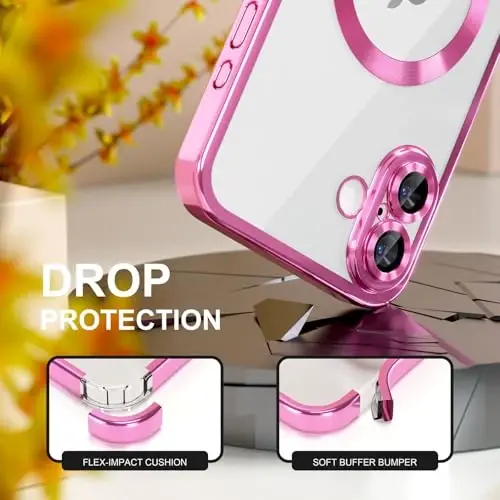 Misea Magnetic for iPhone 17 Case Compatible with MagSafe Hot Pink | [Never Yellowing] [Military Drop Protection] Full Camera Lens Protector Plating Soft Clear Phone Case for Women, Hot Pink - 4
