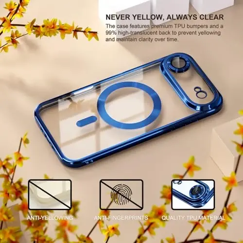 Misea Magnetic for iPhone 17 Air Case Compatible with MagSafe [Never Yellowing] [Military Grade Drop Protection] Full Camera Lens Protector Plating Soft Clear Phone Case for Women, Deep Blue - 3