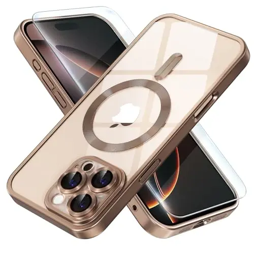 Misea Magnetic for iPhone 16 Pro Case Compatible with MagSafe | Never Yellowing, Military Drop Protection, Full Camera Lens Protector Plating Soft Clear Phone Case Women, Titanium Desert 