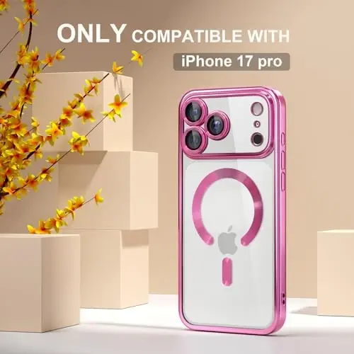 Misea Magnetic for iPhone 17 Pro Case Compatible with MagSafe Hot Pink | [Never Yellowing] [Military Drop Protection] Full Camera Lens Protector Plating Soft Clear Phone Case for Women, Hot Pink - 2