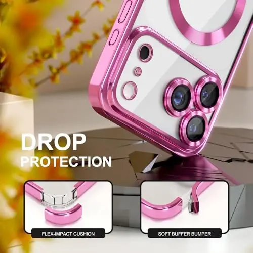 Misea Magnetic for iPhone 17 Pro Case Compatible with MagSafe Hot Pink | [Never Yellowing] [Military Drop Protection] Full Camera Lens Protector Plating Soft Clear Phone Case for Women, Hot Pink - 4