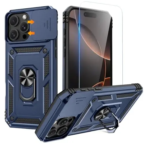 Goton Compatible for iPhone 16 Pro Case with Screen Protector - Slide Camera Cover Protective Phone Case with Ring Stand, Heavy Duty Shockproof Rugged Bumper for iPhone 16 Pro Accessories Blue 