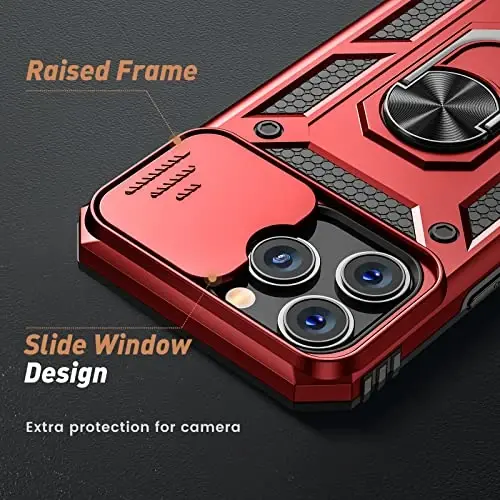 Goton Only for iPhone 14 Pro Max Case with Screen Protector - Slide Camera Cover with Ring Stand, Heavy Duty Military Grade Shockproof Rugged Accessories for iPhone 14Promax Red - 3