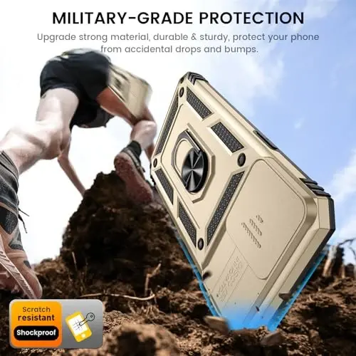 Goton for iPhone 15 Pro Max Case with Screen Protector - Slide Camera Cover Protective Phone Case with Ring Stand, Heavy Duty Shockproof Rugged Bumper for iPhone 15 Promax Accessories Gold - 5