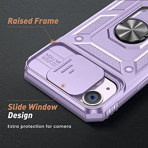 Goton for iPhone 14 Plus Case with Screen Protector - Slide Camera Cover Phone Case with Ring Stand, Heavy Duty Military Grade Shockproof Rugged Bumper for iPhone 14 Plus Accessories Purple - 3