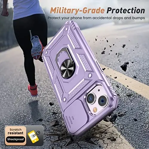 Goton for iPhone 14 Plus Case with Screen Protector - Slide Camera Cover Phone Case with Ring Stand, Heavy Duty Military Grade Shockproof Rugged Bumper for iPhone 14 Plus Accessories Purple - 5