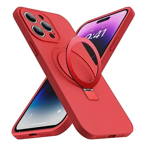 SKYLMW Designed for iPhone 14 Pro Case with Magnetic Invisible Stand Compatible with Mag-Safe Military Drop Tested Shockproof Silicone Phone Cases for Women Men 6.1'',Red 251125 