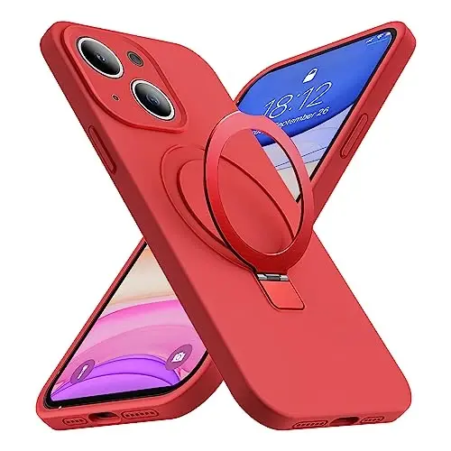 SKYLMW Designed for iPhone 13 Case with Magnetic Invisible Stand Compatible with Mag-Safe Military Drop Tested Shockproof Silicone Phone Cases for Women Men 6.1'', Red 