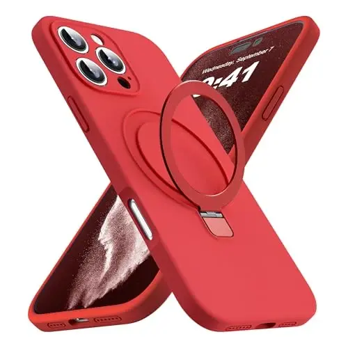 SKYLMW Designed for iPhone 16 Pro Max Case with Magnetic Invisible Stand Compatible with Mag-Safe Military Drop Tested Shockproof Silicone Phone Cases for Women Men 6.9'', Red 251009 