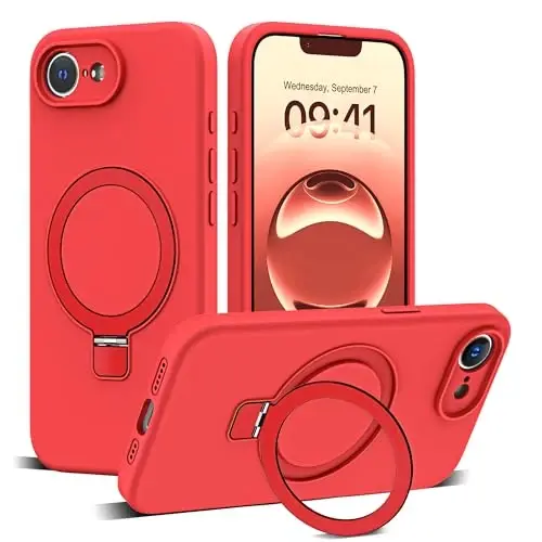 SKYLMW Compatible with iPhone 16e & 17e Case with Magnetic Invisible Stand Compatible with Mag-Safe Military Drop Tested Shockproof Silicone Phone Cases for Women Men 6.1'', Red 