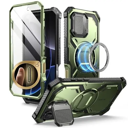 i-Blason Armorbox for iPhone 16 Pro Max Case MagSafe with Stand, 360° Full-Body with Built-in Screen Protector, Camera Control, Camera Cover Kickstand, Heavy Duty Protection Shockproof Case, Green 