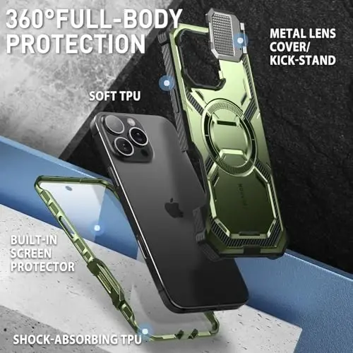 i-Blason Armorbox for iPhone 16 Pro Max Case MagSafe with Stand, 360° Full-Body with Built-in Screen Protector, Camera Control, Camera Cover Kickstand, Heavy Duty Protection Shockproof Case, Green - 4