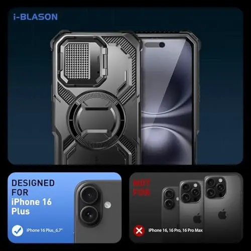 i-Blason Armorbox for iPhone 16 Plus Case MagSafe with Stand, 360° Full-Body with Built-in Screen Protector, Camera Control, Camera Cover Kickstand, Heavy Duty Protection for iPhone 16 Plus, Black - I-BLASON (1)