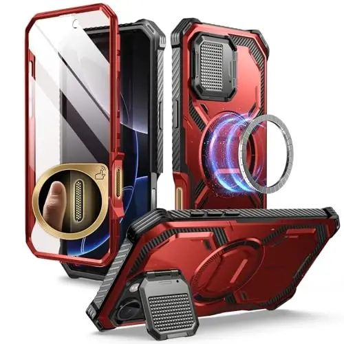 i-Blason Armorbox for iPhone 16 Pro Max Case MagSafe with Stand, 360° Full-Body with Built-in Screen Protector, Camera Control, Camera Cover Kickstand, Heavy Duty Protection Shockproof Case, Red 