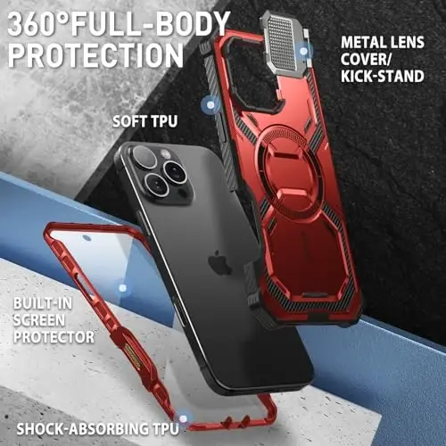i-Blason Armorbox for iPhone 16 Pro Max Case MagSafe with Stand, 360° Full-Body with Built-in Screen Protector, Camera Control, Camera Cover Kickstand, Heavy Duty Protection Shockproof Case, Red - 4