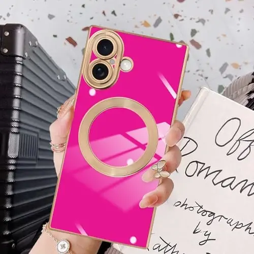 KANGHAR Case Designed for iPhone 17 Magnetic Hot Pink | [Compatible with MagSafe] Luxury Cute Plating Design Case Full-Body Anti-Scratch Shockproof Bumper Protective Cover - 1