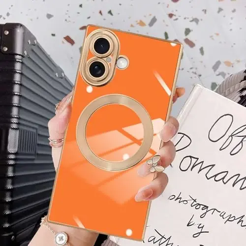 KANGHAR Case Designed for iPhone 17 Magnetic Orange | [Compatible with MagSafe] Luxury Cute Plating Design Case Full-Body Anti-Scratch Shockproof Bumper Protective Cover 