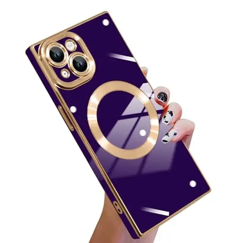 KANGHAR Case Designed for iPhone 15 Magnetic Dark Purple | [Compatible with MagSafe] Luxury Cute Plating Design Case Full-Body Anti-Scratch Shockproof Bumper Protective Cover 