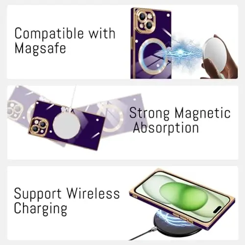 KANGHAR Case Designed for iPhone 15 Magnetic Dark Purple | [Compatible with MagSafe] Luxury Cute Plating Design Case Full-Body Anti-Scratch Shockproof Bumper Protective Cover - 5