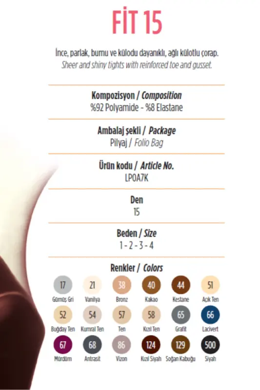 PENTİ 15 Den, KAKAO / Cacao. 40 numara. İnce, Parlak, burnu ve külodu dayanıklı, ağlı külotlu çorap. - Kakao 40 - 3