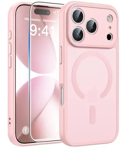 FNTCASE for iPhone 17-Pro Case Pink: Translucent Compatible with MagSafe | With Screen Protector, Magnetic Full Camera Protection Slim Cases, 14FT Military Grade Drop Tested, Matte Shockproof Cover - 1