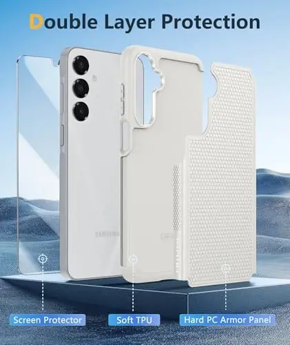 FNTCASE for Galaxy A17/A16 5G Phone Case - Samsung A17 Military Grade Drop Protection, 14ft Drop Tested, Screen Protector Included, Anti-Slip Textured, TPU+PC Dual Layer Shockproof Cover (Off-White) - 3