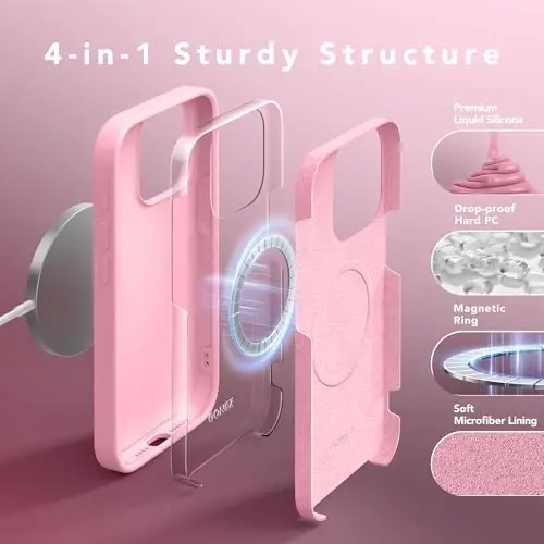 GONEZ Magnetic for iPhone 15 Pro Max Case, Silicone Cover Sweetie Pink | Compatible with MagSafe, Camera Button & Screen Protector, Microfiber Lining, 3 Layers Soft Gel Rubber Shockproof Slim 6.7