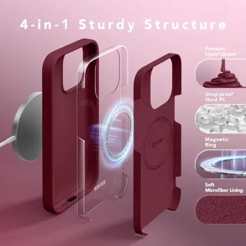 GONEZ Magnetic for iPhone 15 Pro Case, Silicone Cover Maroon | Compatible with MagSafe, Camera Button & Screen Protector, Microfiber Lining, 3 Layers Soft Gel Rubber Shockproof Slim 6.1
