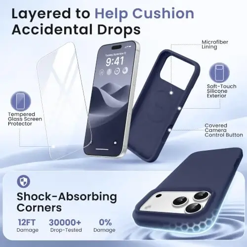 GONEZ Magnetic for iPhone 17 Pro Case, Silicone Cover Navy Blue | Compatible with MagSafe, Camera Button & Screen Protector, Microfiber Lining, 3 Layers Soft Gel Rubber Shockproof Slim 6.3