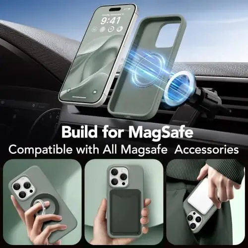GONEZ Magnetic for iPhone 15 Pro Max Case, Silicone Cover Calke Green | Compatible with MagSafe, Camera Button & Screen Protector, Microfiber Lining, 3 Layers Soft Gel Rubber Shockproof Slim 6.7