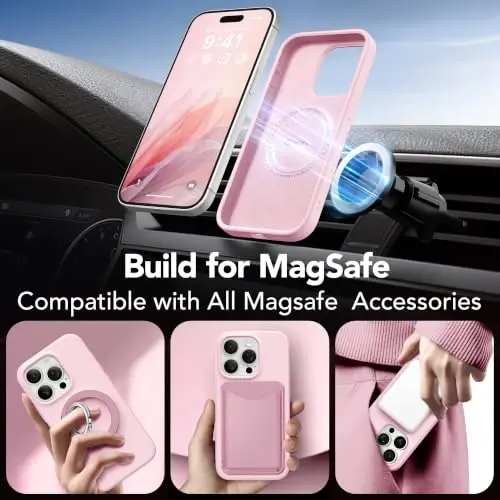 GONEZ Magnetic for iPhone 15 Pro Max Case, Silicone Cover Chalk Pink | Compatible with MagSafe, Camera Button & Screen Protector, Microfiber Lining, 3 Layers Soft Gel Rubber Shockproof Slim 6.7