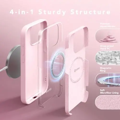 GONEZ Magnetic for iPhone 15 Pro Max Case, Silicone Cover Chalk Pink | Compatible with MagSafe, Camera Button & Screen Protector, Microfiber Lining, 3 Layers Soft Gel Rubber Shockproof Slim 6.7