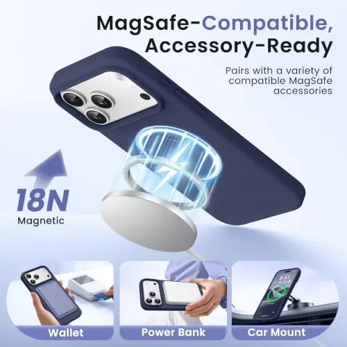 GONEZ Magnetic for iPhone 17 Pro Max Case, Silicone Cover Navy Blue | Compatible with MagSafe, Camera Button & Screen Protector, Microfiber Lining, 3 Layers Soft Gel Rubber Shockproof Slim 6.9