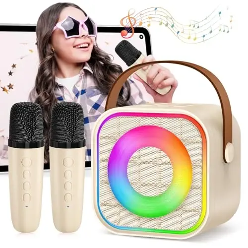 YLYYCC Kids Mini Karaoke Machine with Lights, Portable Bluetooth Speaker with 2 Wireless Microphones, Birthday Toys Gift for Girls Boys Ages 4,5,6,7,8,9,10+ Year Old, Party, Home KTV, Outdoor (Beige) 