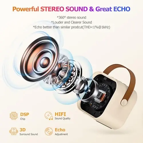YLYYCC Kids Mini Karaoke Machine with Lights, Portable Bluetooth Speaker with 2 Wireless Microphones, Birthday Toys Gift for Girls Boys Ages 4,5,6,7,8,9,10+ Year Old, Party, Home KTV, Outdoor (Beige) - 5