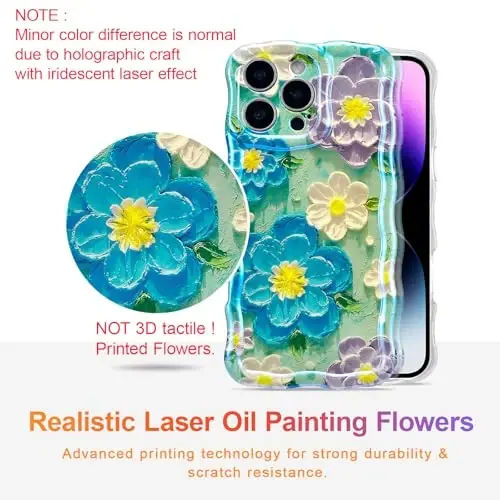 EYZUTAK Case for iPhone 13 Pro Max, Retro Oil Painting Flower, Blue Purple | Laser Glossy Floral Pattern, Cute Curly Wave Edge, Exquisite Phone Cover, Stylish Durable TPU Protective Case for Girl Women - EYZUTAK (1)