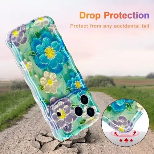 EYZUTAK Case for iPhone 17 Pro Max, Retro Oil Painting Flower, Blue Purple | Laser Glossy Floral Pattern, Cute Curly Wave Edge, Exquisite Phone Cover, Stylish Durable TPU Protective Case for Girl Women - 3
