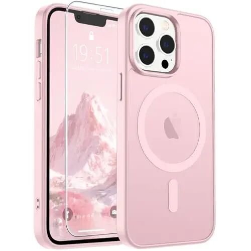 SUPFINE Magnetic for iPhone 12 Pro Max Case Light Pink | With Screen Protector, Translucent Matte, Compatible with MagSafe, Military Grade Drop Proof, Rugged Shockproof Protective 