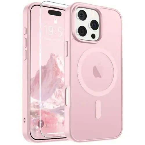 SUPFINE Magnetic for iPhone 16 Pro Max Case Light Pink | With Screen Protector, Translucent Matte, Compatible with MagSafe, Military Grade Drop Proof, Rugged Shockproof Protective 