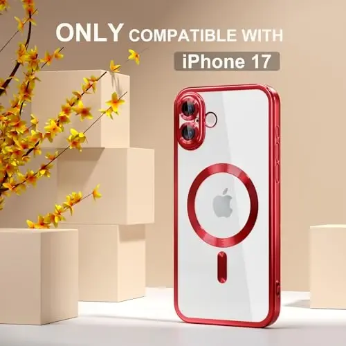 Misea Magnetic for iPhone 17 Case Compatible with MagSafe Red | [Never Yellowing] [Military Drop Protection] Full Camera Lens Protector Plating Soft Clear Phone Case for Women, Red - 2