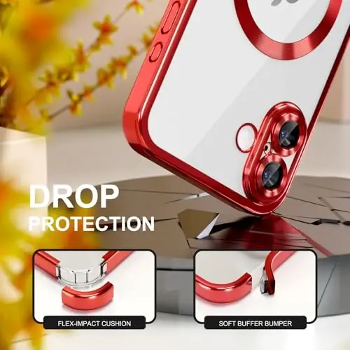 Misea Magnetic for iPhone 17 Case Compatible with MagSafe Red | [Never Yellowing] [Military Drop Protection] Full Camera Lens Protector Plating Soft Clear Phone Case for Women, Red - 4