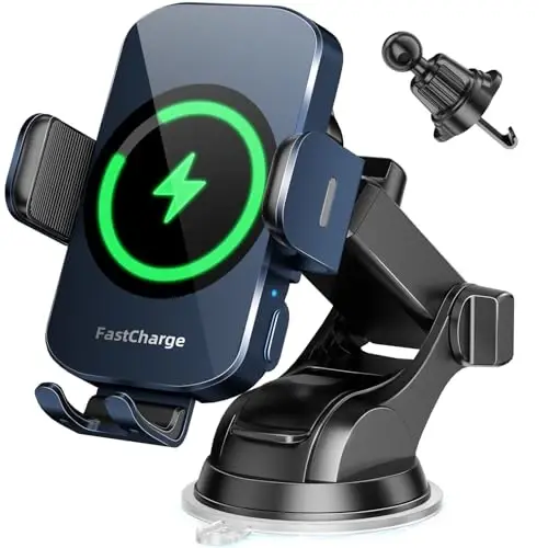 BothLin 3-in-1 Wireless Car Charger Mount, 15W Fast Charging Auto-Clamping Phone Holder for iPhone 17 16 15 14, Samsung Galaxy S24 S23, Dashboard, Vent & Windshield Car Mount(Deep Blue) 