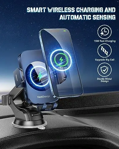 BothLin 3-in-1 Wireless Car Charger Mount, 15W Fast Charging Auto-Clamping Phone Holder for iPhone 17 16 15 14, Samsung Galaxy S24 S23, Dashboard, Vent & Windshield Car Mount(Deep Blue) - BOTHLIN (1)