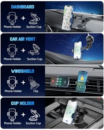 BothLin 3-in-1 Wireless Car Charger Mount, 15W Fast Charging Auto-Clamping Phone Holder for iPhone 17 16 15 14, Samsung Galaxy S24 S23, Dashboard, Vent & Windshield Car Mount(Deep Blue) - 3